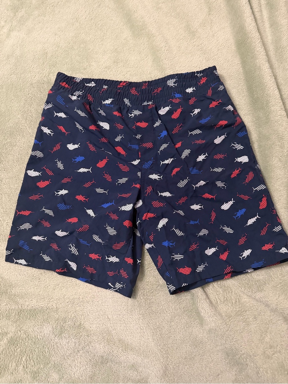 Columbia PFG Youth L 14/16 Fish Print Swim Shorts Navy Red White